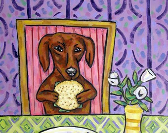 dachhsund at the restauraunt dog art print on matte or glossy paper