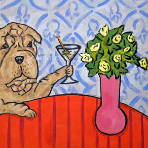 martini shar pei, shar pei art, martini bar decor, dog canvas wall art, shar pei print, martini print, dog art print, archival giclee, wall