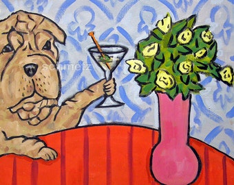 martini shar pei, shar pei art, martini bar decor, dog canvas wall art, shar pei print, martini print, dog art print, archival giclee, wall