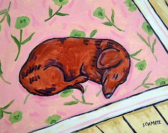dachshund sleeping dog art artwork print on canvas - multiple sizes