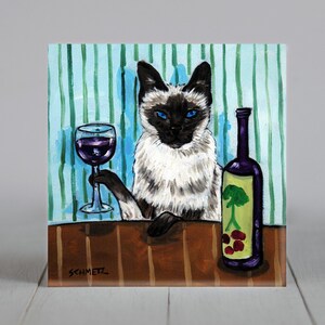 cat art - Siamese Cat - art - tile - ceramic coaster - gift - wine , wine art , wine print on tile, cat art, folk art, cat gifts, gift