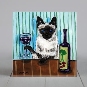 cat art - Siamese Cat - art - tile - ceramic coaster - gift - wine , wine art , wine print on tile, cat art, folk art, cat gifts, gift