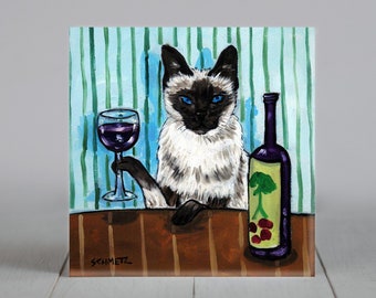 cat art - Siamese Cat - art - tile - ceramic coaster - gift - wine , wine art , wine print on tile, cat art, folk art, cat gifts, gift