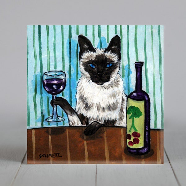 cat art - Siamese Cat - art - tile - ceramic coaster - gift - wine , wine art , wine print on tile, cat art, folk art, cat gifts, gift