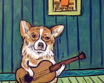 corgi art - guitar print - stretched canvas or paper print - multiple sizes available