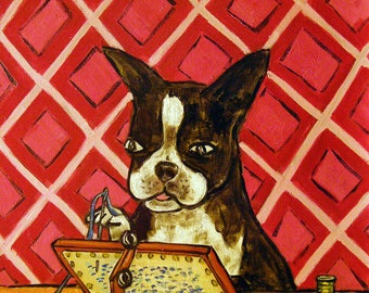boston terrier dog art canvas or paper needlepoint print by animal decor artist jay schmetz