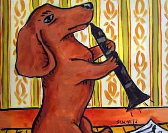 dachshund clarinet dog art print on on canvas with .75 or 1,5 edges