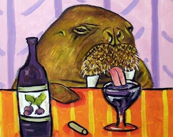 Walrus at the Wine Bar Art Tile Coaster gift JSCHMETZ american MODERN abstract folk pop art