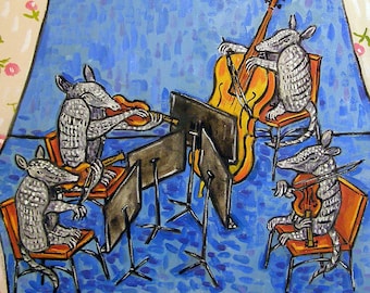 ARMADILLO ART - Armadillo String Quartet, Animal art tile coaster - armadillo gifts
