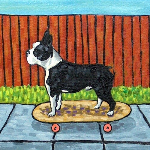 Boston Terrier sur un cadeau de carreaux de dessous de verre Skateboard Dog Art