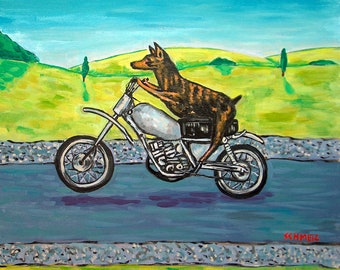 doberman pinscher riding  motorcycle dog art print on ready to hang gallery wrapped canvas