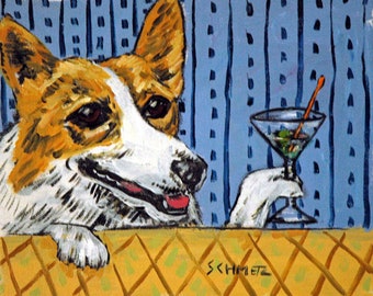 corgi at martini bar dog art on ready to hang canvas print- home office decor birthday gift