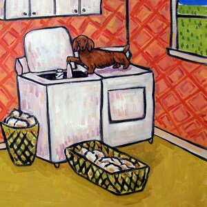 dachshund doing laundry - dog art - tile coaster - animal lover gift - home decor