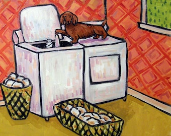 dachshund doing laundry - dog art - tile coaster - animal lover gift - home decor