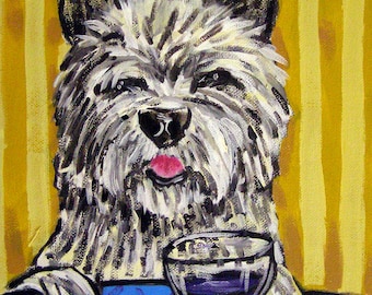 Cairn Terrier at the Wine Bar Dog Art on a ready to hang canvas print - modern home wine decor