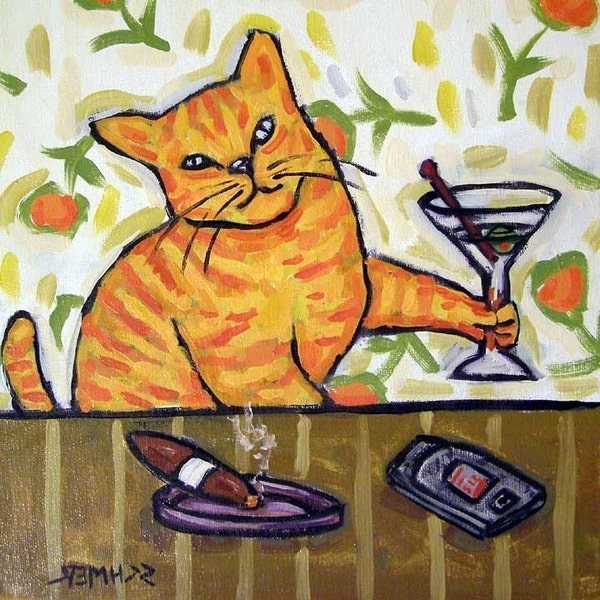 cat tile - cat art - Orange Cat - ginger cat - martini - martini art - modern cat art - gift -, cat gifts, gift