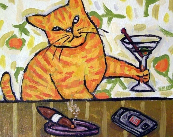 Featured listing image: cat tile - cat art - Orange Cat - ginger cat - martini - martini art - modern cat art - gift -, cat gifts, gift