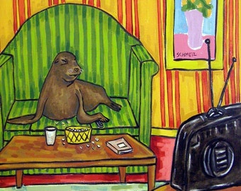Sea Lion in the Living Room Watching TV Animal Art coaster tile Gift