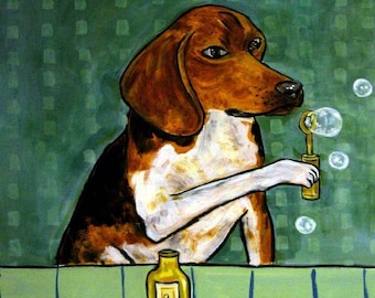 beagle tile - beagle art - Beagle Blowing Bubbles Dog art tile coaster - beagle gifts - coaster