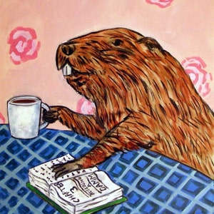May include: A brown and tan beaver sitting at a blue and white checkered table, holding a white coffee mug and reading a book titled "DAMN BUILDING A DAWN" with the text "CHAPTER 3" visible. The background is a light pink with pink roses.