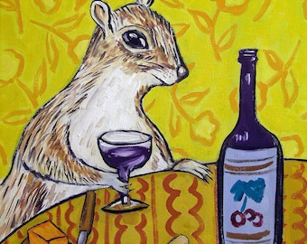 grey squirrel at the wine bar - canvas or matte paper print - multiple sizes