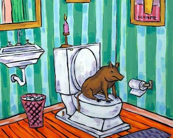 Brown Pig in the Bathroom Animal Art Print  JSCHMETZ modern abstract folk pop art AMERICAN ART gift