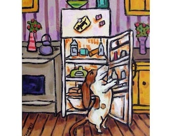 Basset Hound Raiding the Fridge   Dog Art Print modern folk kitchen art giclee archival