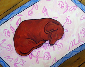 dachshund sleeping on a rug dog art canvas print with either .75 or 1.5 inch edge. (stretcher Bars)