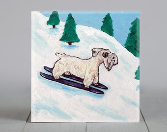 Sealyham terrier skiing coaster tile art artwork - multiple sizes