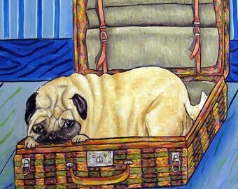 pug in a suitecase dog art tile coaster gift- multiple sizes