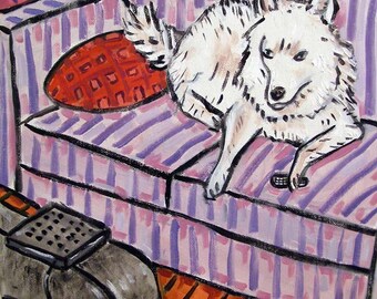 Samoyed watching tv Dog art tile coaster