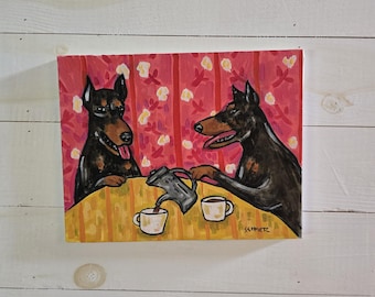 Doberman Pinschers at the Coffee shop 11x14 inch oil painting - dog art artwork gift