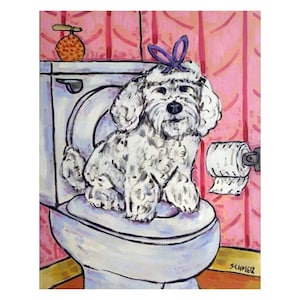 maltese art bathroom  canvas print dog gift modern Giclee- ready to hang