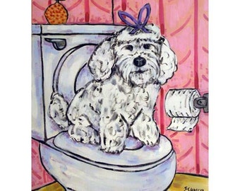 maltese art bathroom  canvas print dog gift modern Giclee- ready to hang