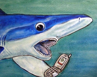 Maco Shark Talking on a Cell Phone Animal art tile coaster