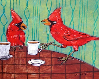 cardinal at the coffee shop bird animal art print on ready to hang steched canvas - multiple sizes