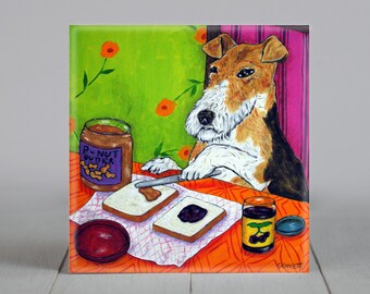 fox terrier dog art tile coaster gift - p,b, and j - multiple sizes - birthday gift
