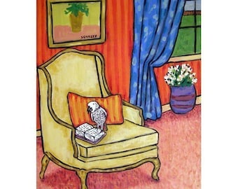 African Grey Parrot Reading a Book Bird Art Print 13 x 19 animal decor