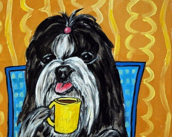 shih tzu at the coffee shop dog art print - atretched canvas or paper print - multiple sizes