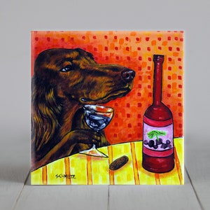 Irish Setter at the Wine Bar Dog Art coaster tile - dog lover gift - birthday gift for wine lover
