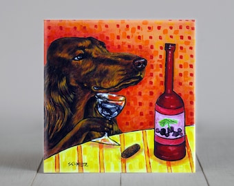 Irish Setter at the Wine Bar Dog Art coaster tile - dog lover gift - birthday gift for wine lover