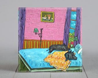 Pot Belly Pig - decorative coaster - modern folk tile - hogging the blankets - animal decor - tabletop accent