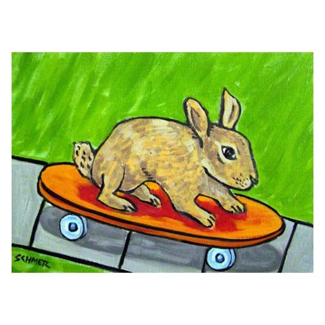 Bunny Rabbit Skateboarding 13x19 Animal Art Print Matte or Glossy Paper