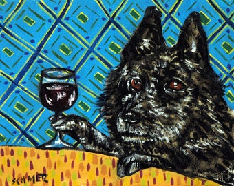 schipperke - wine - art - dog - print - home decor - eclectic wine art - stretched canvas or paper print