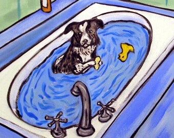 border collie taking a bath - dog art - tile coaster - animal lover gift -bathroom home decor