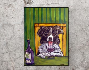 Border Collie at the Wine Bar Dog Art Print - 13 x19 on matte or glossy paper