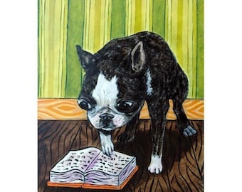 Boston Terrier reading dog art print