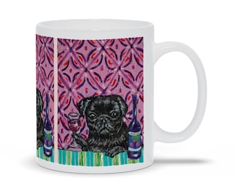 Black Pug Mug - Funny Dog Mugs - Pet Portrait On Mug - Wine Decor - Dog Mom Mugs