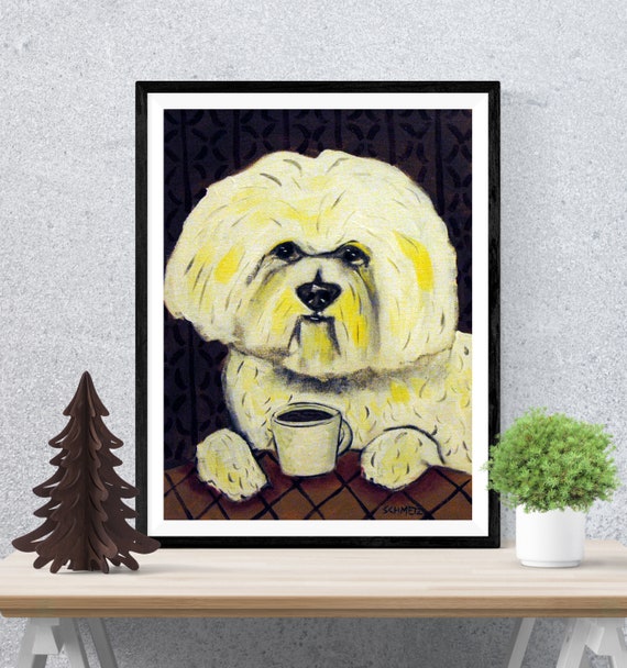 Bichon Frise dog in the bathroom  dog art print 8.5x11 artwork 