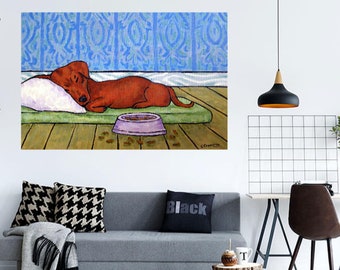 dachshund sleeping with dog bowl art print on matte or glossy paper